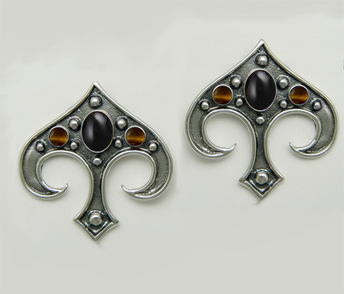 Sterling Silver Gothic Inspired Drop Dangle Earrings With Black Onyx And Tiger Eye